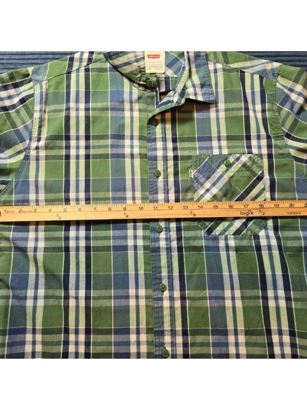 Levi's Mens Shirt Large Short Sleeve Plaid Button Up Green Blue White RN 117508